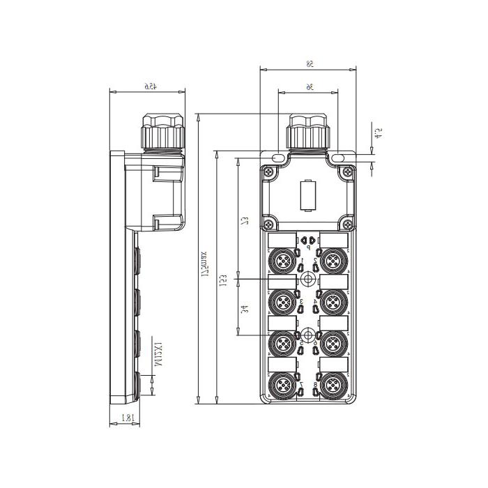 M12分线盒、双通道、PNP、8端口分体式、带LED、PCB端子带插头、24P8SN